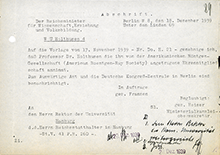 Reich Ministry of Education, dated 18 Dec 1939, allowing Holthusen to accept his honorary membership in the American College of Radiation 