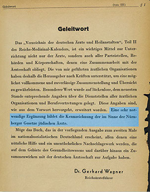 Geleitwort (in: Lautsch, H./Hans Dornedden (Hg.): Verzeichnis der deutschen Ärzte und Heilanstalten. Reichs-Medizinal-Kalender für Deutschland, 