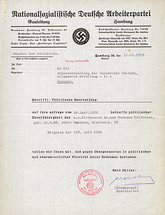 Politische Beurteilung Prof. Holthusens durch die NSDAP vom 11.12.1939